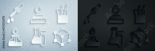 Set Test tube, Laboratory glassware, Alcohol spirit burner, Molecule, and Pipette icon. Vector