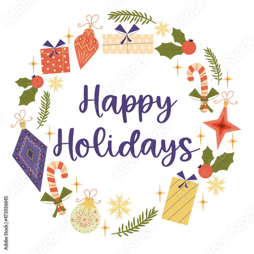 Christmas round vintage design with Happy Holidays text isolated on white background.Retro colors for decorations, balloons, gifts. Composition of a round cover with snowflakes in flat style