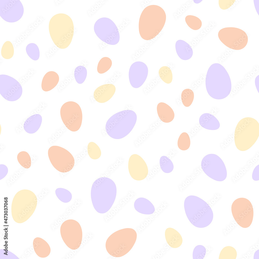 Happy Easter seamless pattern with colorful eggs on white background. Polka dots design for card, postcard, wallpaper, posters. Vector stock illustration. Cartoon style