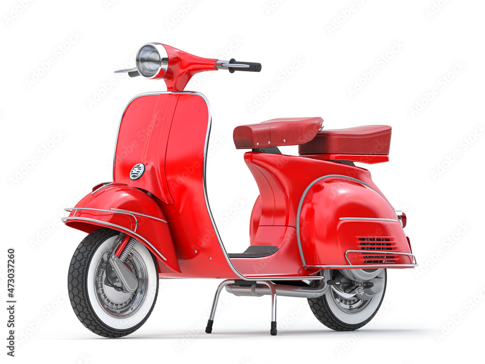 Red classic  scooter, motor bike or moped isolated on whte.