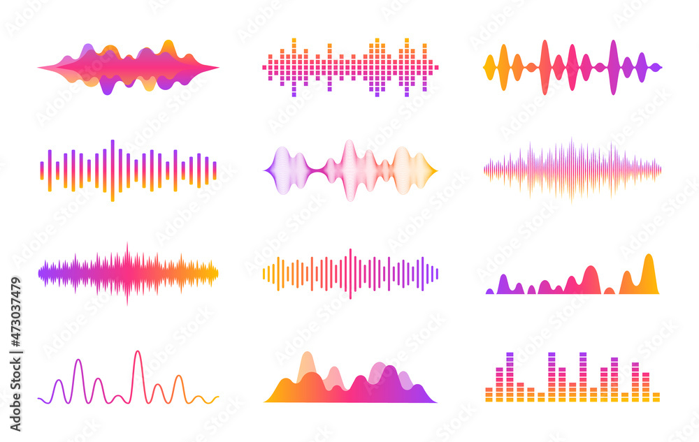Sound waves set. Modern sound equalizer. Radio wave icons. Volume level symbols. Music frequency. Abstract digital equalizers for music app. Vector illustration. - obrazy, fototapety, plakaty 