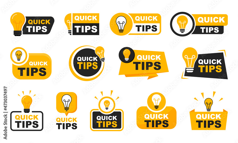 Quick tips badge set. Quick tips logo with light bulb. Top tips, helpful tricks, tooltip, advice and idea for business and advertising. Vector illustration. - obrazy, fototapety, plakaty 