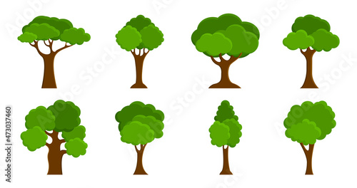 Set of flat trees. Nature and forest trees. Green tree icons for natural theme. Vector illustration.