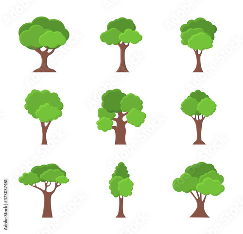 Set of flat trees. Nature and forest trees. Green tree icons for natural theme. Vector illustration.
