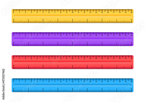 Set of color rulers. Ruler with inches and cm double side measurement. Plastic ruler with scale 20 cm. Measuring scale. School stationery. Vector illustrations.