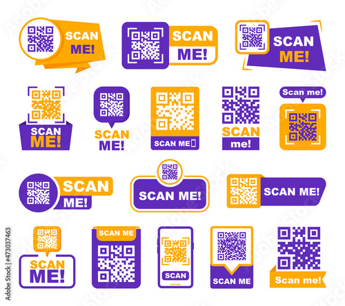 QR codes for smartphone. QR code with inscription scan me with smartphone. Scan me icon. Scan qr code icon for payment, mobile app and identification. Vector illustration. photo