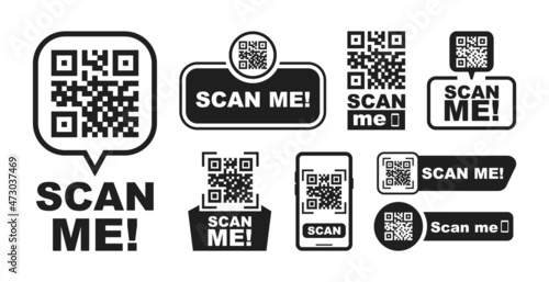 Set of QR codes with inscription scan me with smartphone. Scan qr code icon. Qr code for payment, mobile app and identification. Vector illustration.