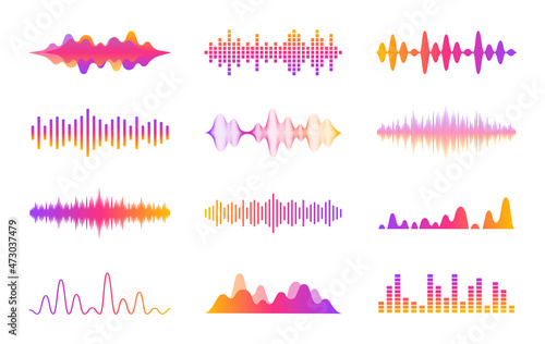 Sound waves set. Modern sound equalizer. Radio wave icons. Volume level symbols. Music frequency. Abstract digital equalizers for music app. Vector illustration.