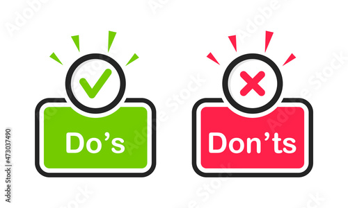 Do and Don't icons. Check mark and cross. Like and dislike symbols. Positive and negative signs. Vector illustration.