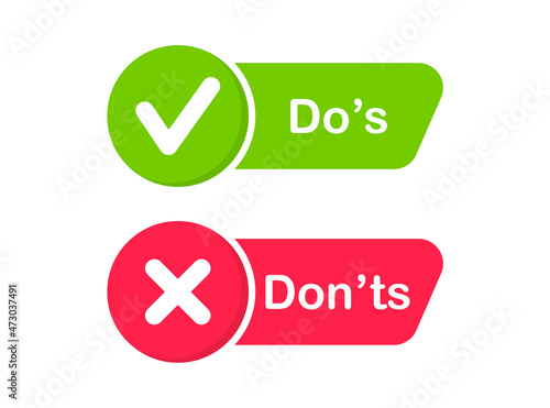Do and Don't icons. Check mark and cross. Like and dislike symbols. Positive and negative signs. Vector illustration.