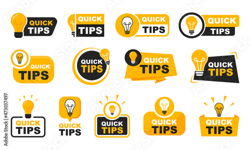 Quick tips badge set. Quick tips logo with light bulb. Top tips, helpful tricks, tooltip, advice and idea for business and advertising. Vector illustration.