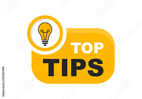 Top tips logo with light bulb. Top tips badge. Quick tips, helpful tricks, tooltip, advice and idea for business and advertising. Vector illustration.