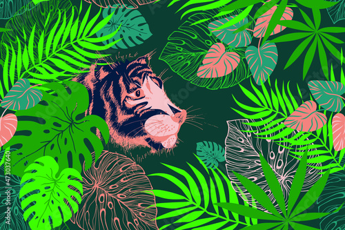 Tropical seamless vector pattern with exotic leaves and tiger in jungle on green background