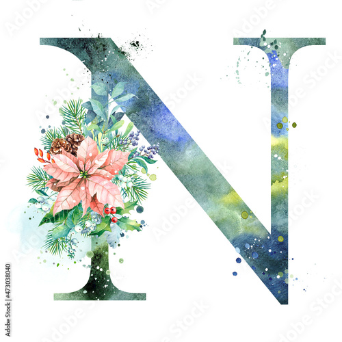 Watercolor Letter, Monogram N. Watercolor Design. Watercolor letter with Poinsettia.