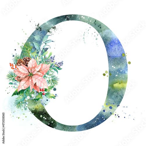 Watercolor Letter, Monogram O. Watercolor Design. Watercolor letter with Poinsettia.