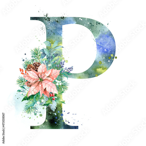 Watercolor Letter, Monogram P. Watercolor Design. Watercolor letter with Poinsettia.
