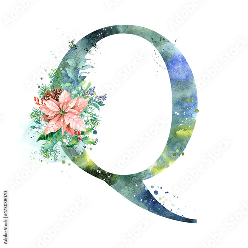 Watercolor Letter, Monogram Q. Watercolor Design. Watercolor letter with Poinsettia.