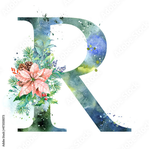 Watercolor Letter, Monogram R. Watercolor Design. Watercolor letter with Poinsettia.