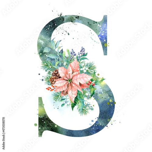 Watercolor Letter, Monogram S. Watercolor Design. Watercolor letter with Poinsettia.