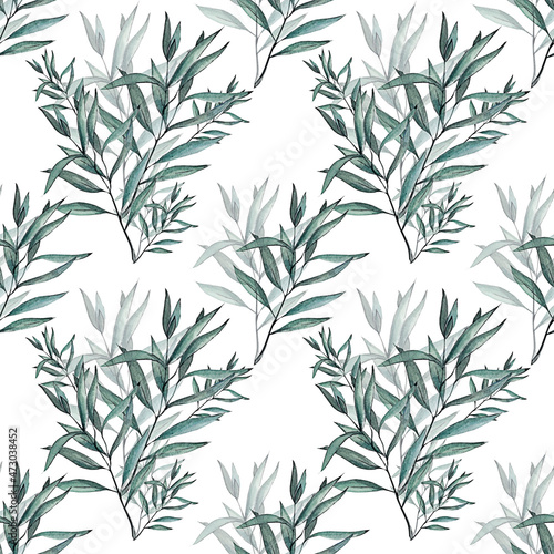 Seamless watercolor botanical pattern of eucalyptus branches. Ideal for printing on fabric