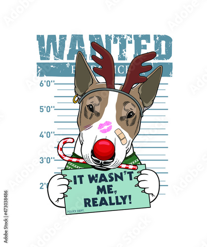 Vector illustration of a cute dog, Wanted by Police, Christmas reindeer antlers dog costume, Pet costume, Bachelor party, stag party