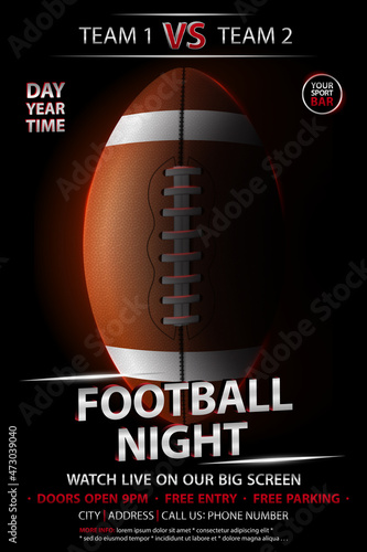 American football poster. Sport bar party banner. Football ball with neon lights illustration. Sport cafe event vector poster or banner design.
