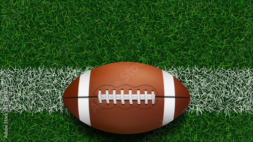 American football ball on stadium field green grass. Leather football ball detailed illustration. Sport equipment vector. American football wallpaper. photo