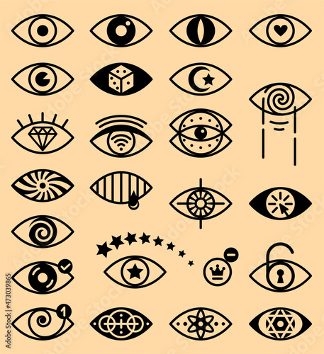 Set of eyes for logos, symbols, signs. Different pupils and irises. Conceptual and creative ideas for illustration of thoughts, articles about psychology, philosophy, history, cultures, cyber spies