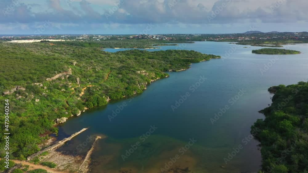Aerial view above scenery of Curacao, the Caribbean with ocean and coast Aerial view above scenery of Curacao, the Caribbean with ocean and coast