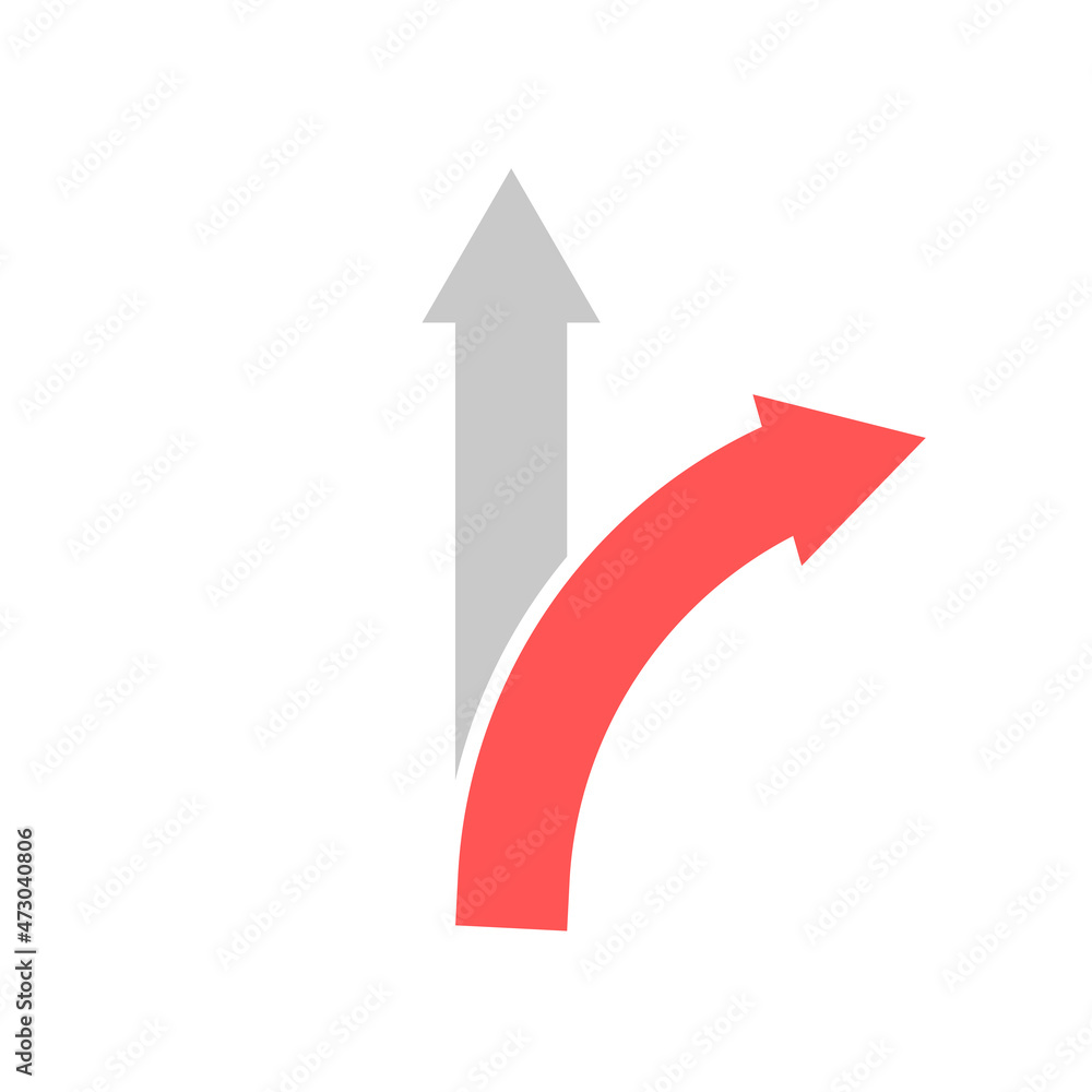 Two arrows pointing in different directions. Choice of path. Arrow straight and right. Vector illustration isolated on white background. Two arrows pointing in different directions. Choice of path. Arrow straight and right. Vector illustration isolated on white background.