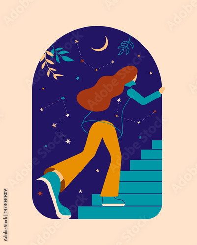 Girl dreaming and running away at night, going up the stairs through the open portal. The concept of lucid dreams, astral, escape from reality, spiritual practice, freedom, astrology. Retro style card