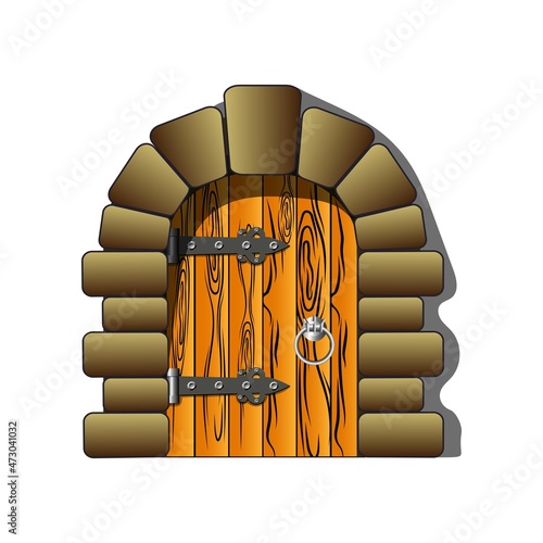 Castle door realistic medieval vector cartoon and fairytail style, vintage and cool. Clip art antique door hinges and solid stones