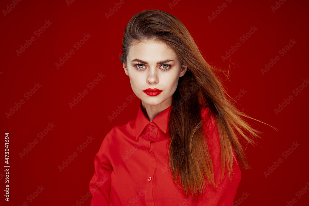 woman in red shirt posing fashion red lips fun woman in red shirt posing fashion red lips fun