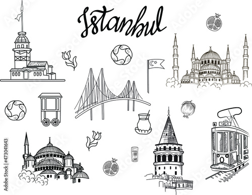 set of landmarks and monuments, turkey, istanbul, architecture vector elements and lettering isolated on bright background. Concept for logo, cards, print 