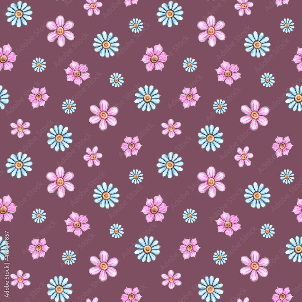 Watercolor seamless pattern of buds of pink, blue flowers. Lovely daisies. Hand drawn illustration on purple background. Natural design of fabric, wrapper, wallpaper.