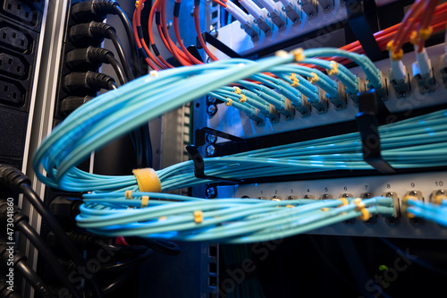 Network cable system in network rack have beautiful lighting