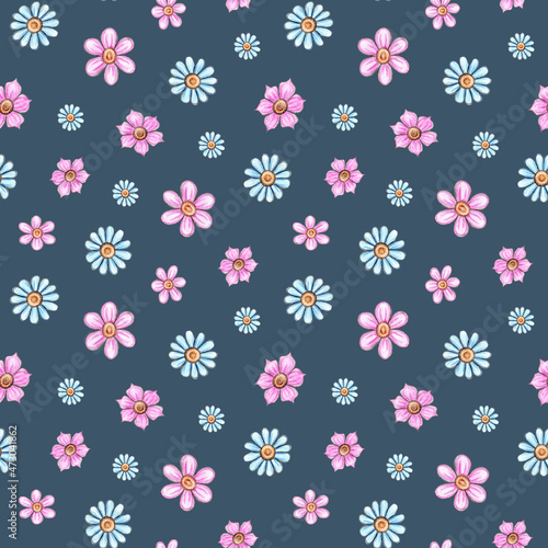Wallpaper Mural Watercolor seamless pattern of buds of pink, blue flowers. Lovely daisies. Hand drawn illustration on a blue background. Natural design of fabric, wrapper, wallpaper. Torontodigital.ca