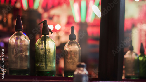 Obraz na plátně Close-up of vintage made soda siphons as decorative ornaments in a bar
