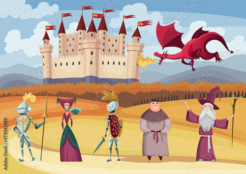 Medieval knight in full armor, laydy, dragon and others on fairytale medieval castle background. Cartoon middle ages historic period. Medieval kingdom characters standing in costumes