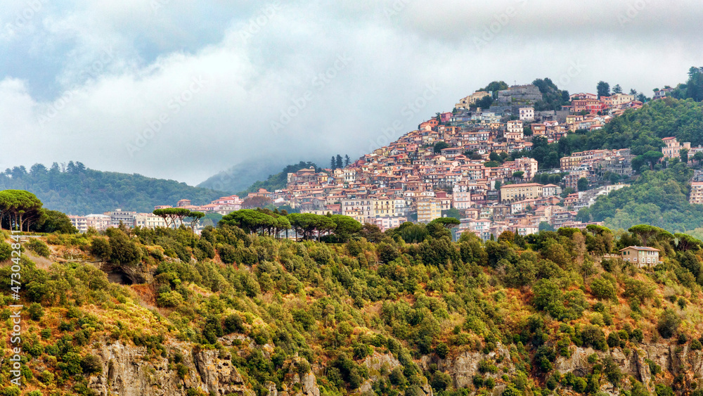 Overview of ancient town of Rocca di Papa perched in a beautiful natural and landscape context and location of Roman Castles Regional Park Overview of ancient town of Rocca di Papa perched in a beautiful natural and landscape context and location of Roman Castles Regional Park