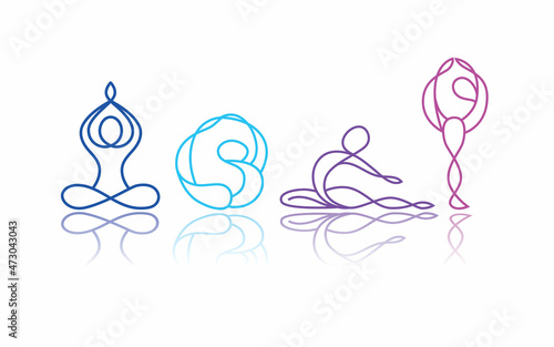 Yoga icons isolated on white background. Vector yoga woman logotypes in line style. Outline design symbols.
