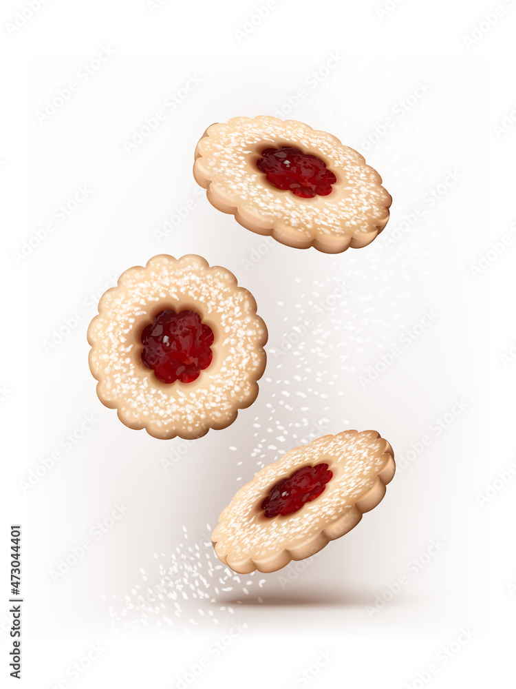 3d realistic vector icon. Linzer cookies falling with icing sugar. Baking cookies.