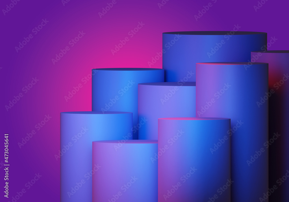 podium stand on purple background. Several round columns of different sizes. Background to showcase your product. Pedestal for your product. Simple geometric podium stand. 3d rendering. podium stand on purple background. Several round columns of different sizes. Background to showcase your product. Pedestal for your product. Simple geometric podium stand. 3d rendering.