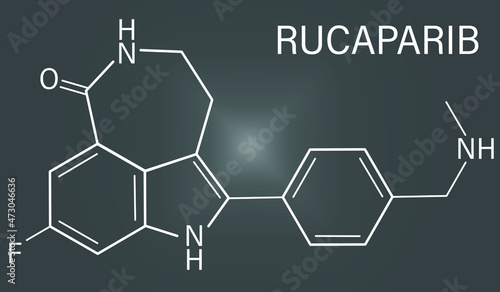 Rucaparib cancer drug molecule, PARP1 inhibitor. Skeletal formula.