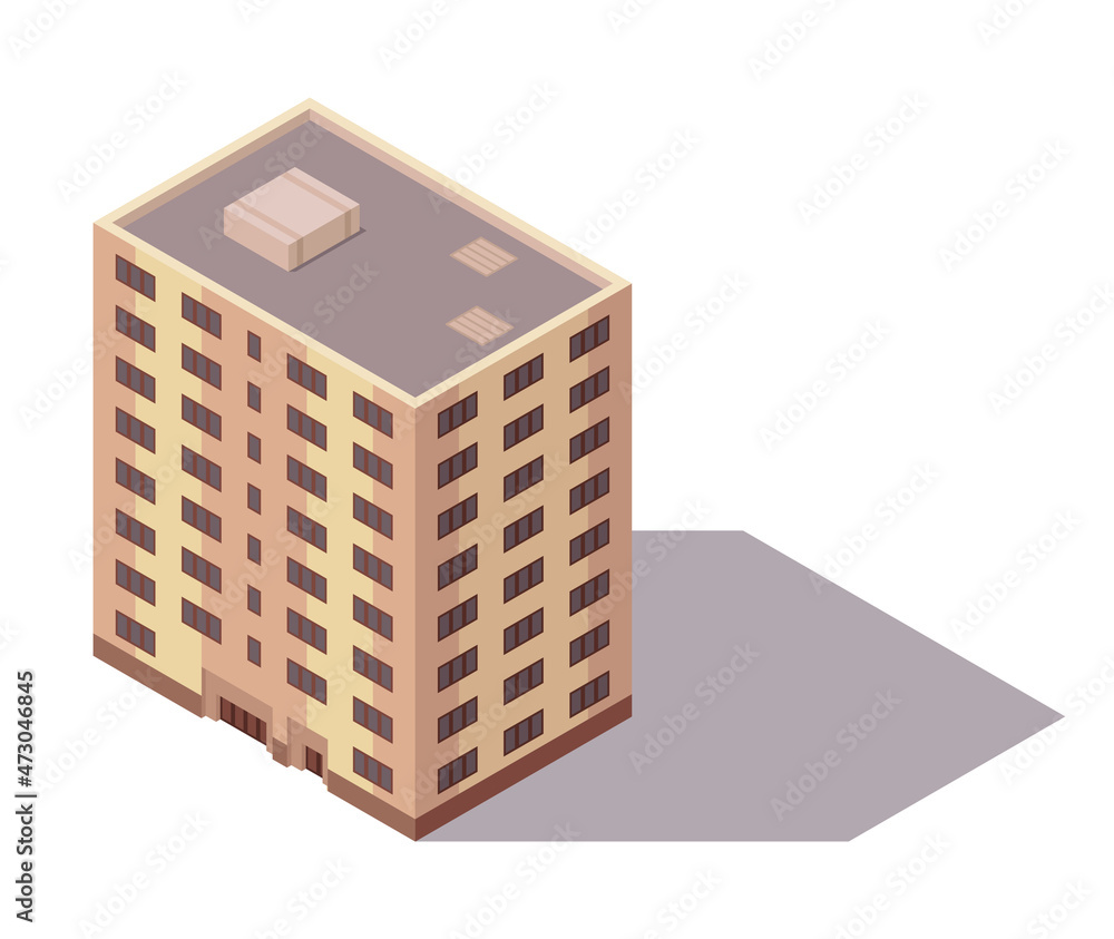 Vector isometric high rise building. City or town map construction element. Icon representing multi story building. Houses, homes or offices