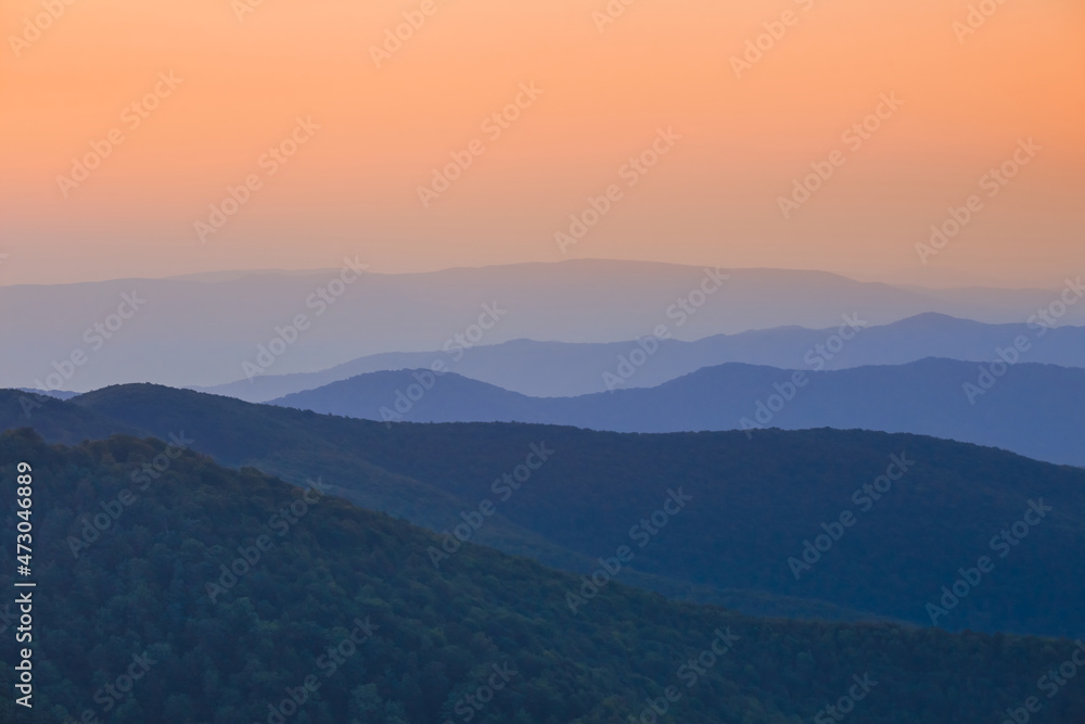 mountain chain silhouette at the early morning, natural travel background