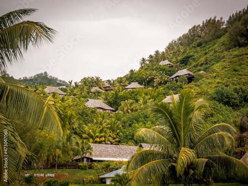 Canvas Print Island of Moorea in the French Polynesia with her exuberant vegetation, lagoon, bungalows and mountains