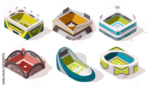 Set of isometric sport arenas exterior. Places for biggest sport competitions. Vector icons or infographic elements representing football basketball or hockey stadium buildings