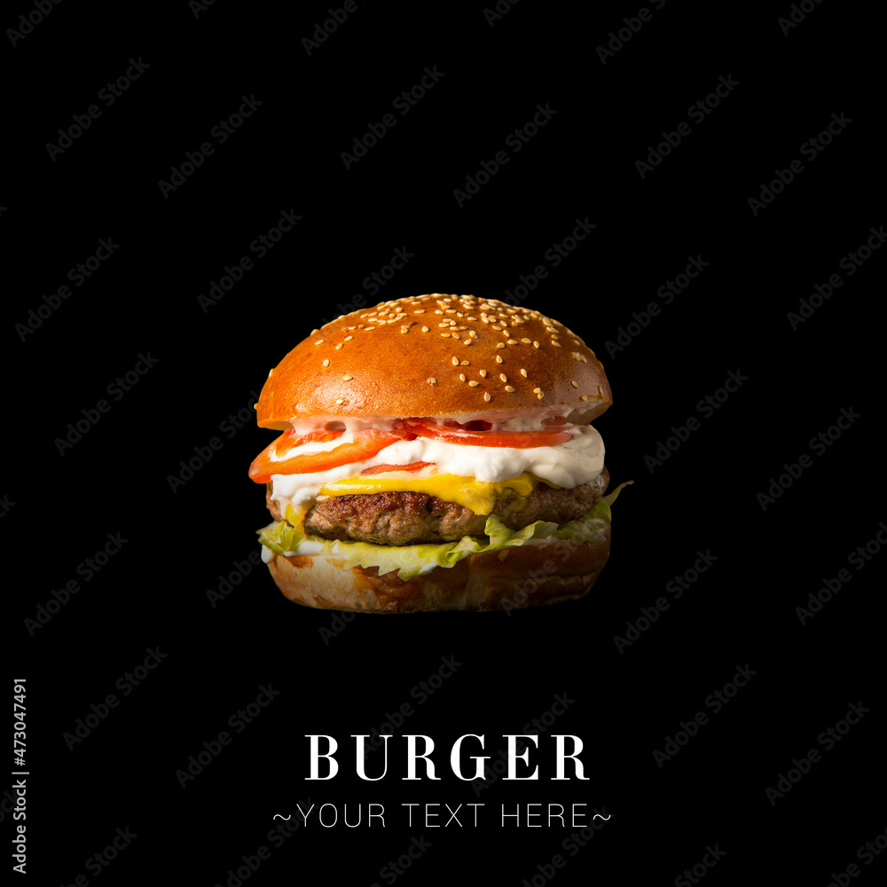 Savory burger with beef meat cutlet, melted cheese, lettuce, tomato slices, creamy sauce isolated on black background. Text space web banner
Savory burger with beef meat cutlet, melted cheese, lettuce, tomato slices, creamy sauce isolated on black background. Text space web banner