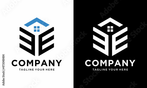 Initial Letter EE Logo, Hexagonal Shape for Real Estate Company. on a black and white background.